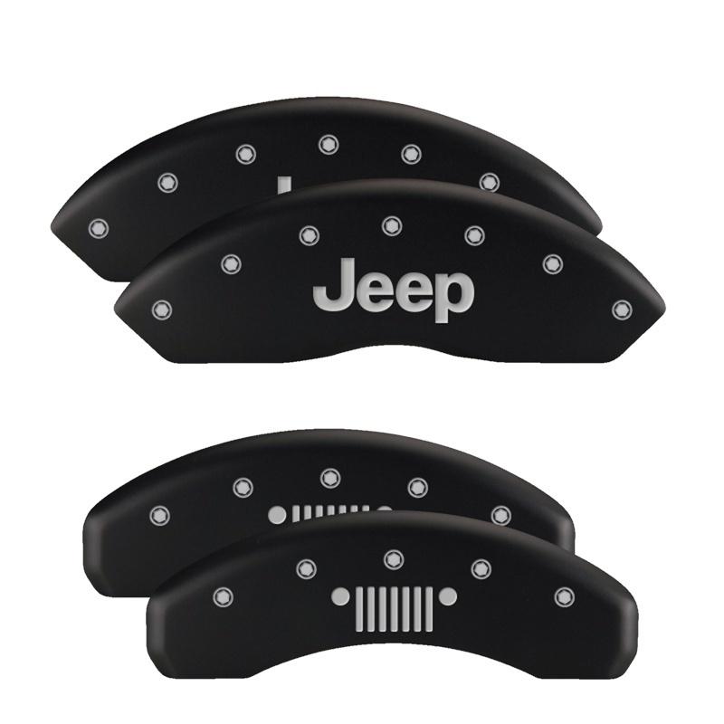 MGP 4 Caliper Covers Engraved Front Jeep Rear Grill Logo Black Finish Silver Char 2019 Jeep Wrangler 42019SJPLMB Main Image