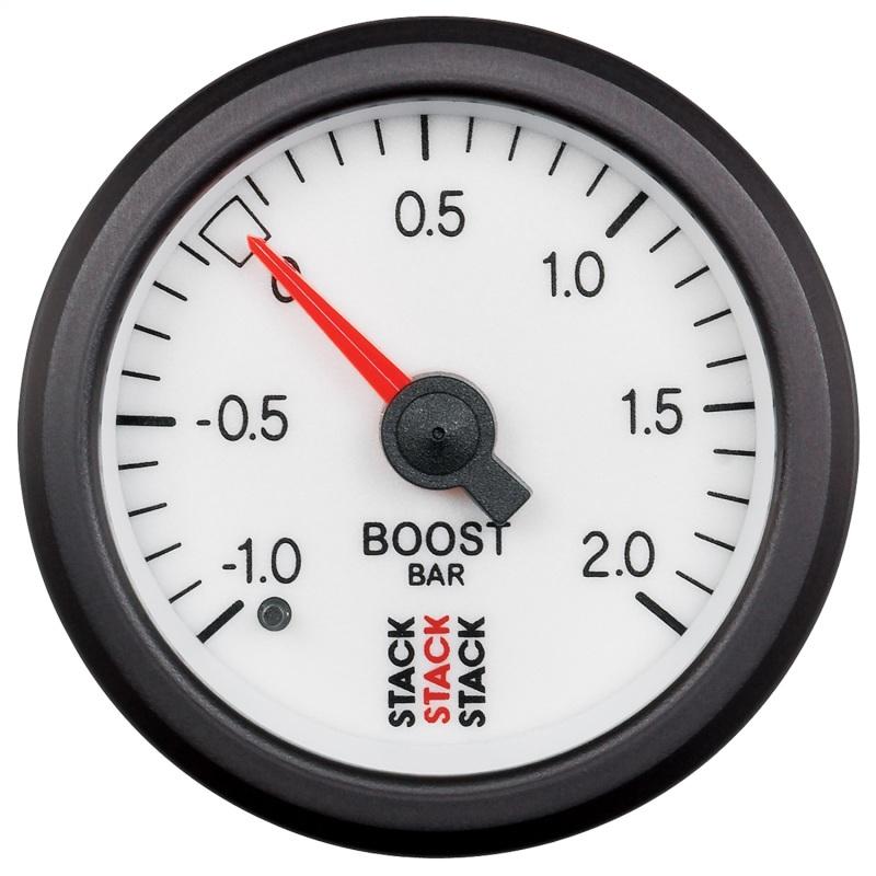 Autometer Stack 52mm -1 to +2 Bar T-Fitting 0.187in Barb (M) Mechanical Boost Pressure Gauge - White ST3161 Main Image