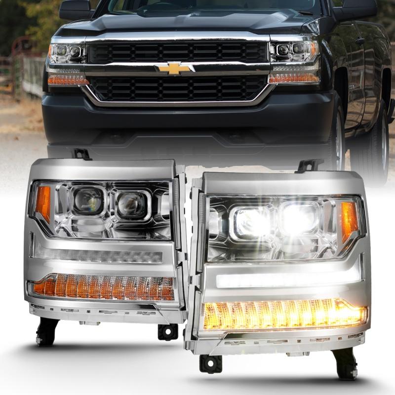 ANZO 16-18 Chevrolet Silverado 1500 LED Projector Headlights w/Plank Style Switchback Chrome w/Amber 111421 Main Image