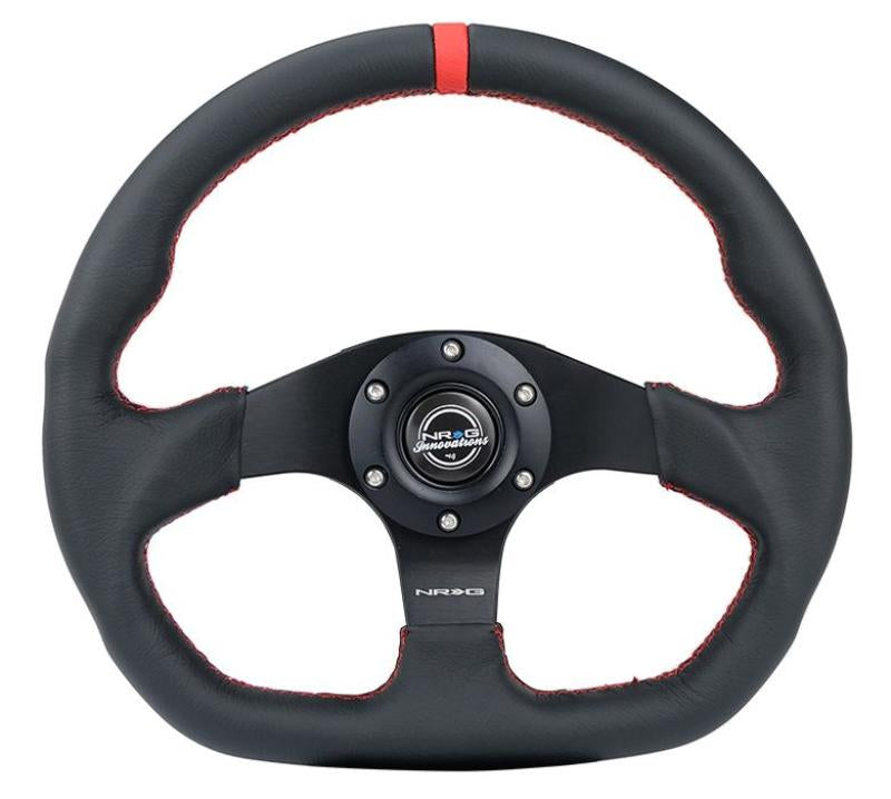 NRG Reinforced Steering Wheel (320mm) Sport Leather Flat Bottom w/ Red Center Mark/ Red Stitching RST-024MB-R-RD