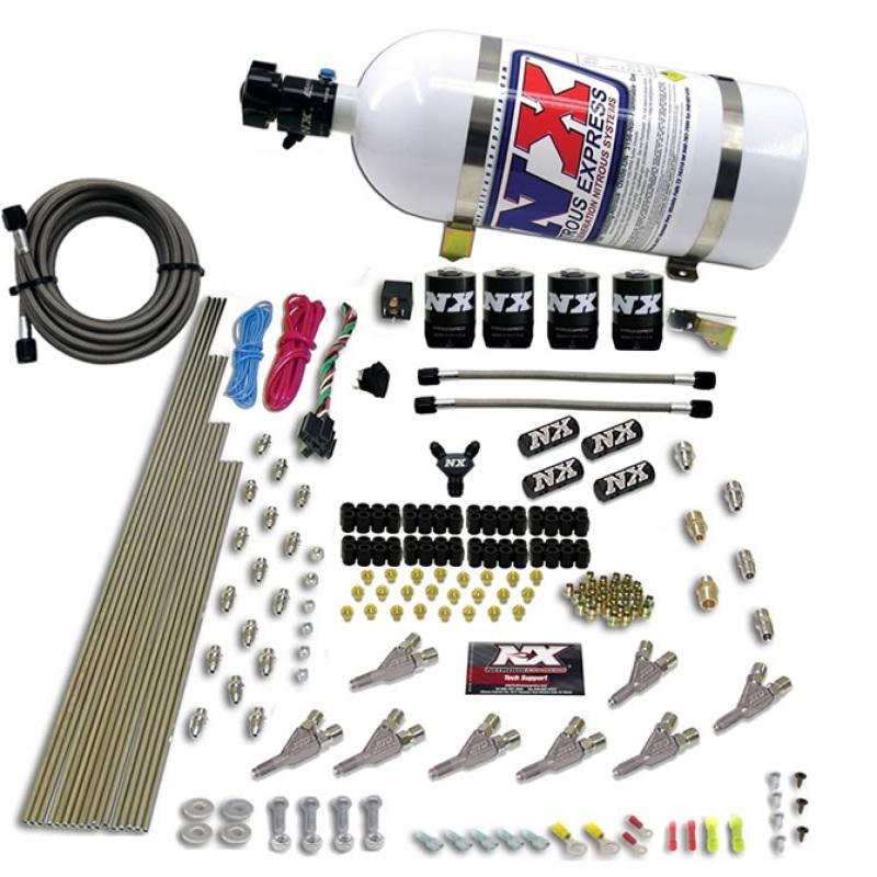 Nitrous Express STD Nozzle Nitrous Kit (200-500HP) Gas w/Dist Block & 4 Solenoids w/10lb Bottle 80018-10 Main Image