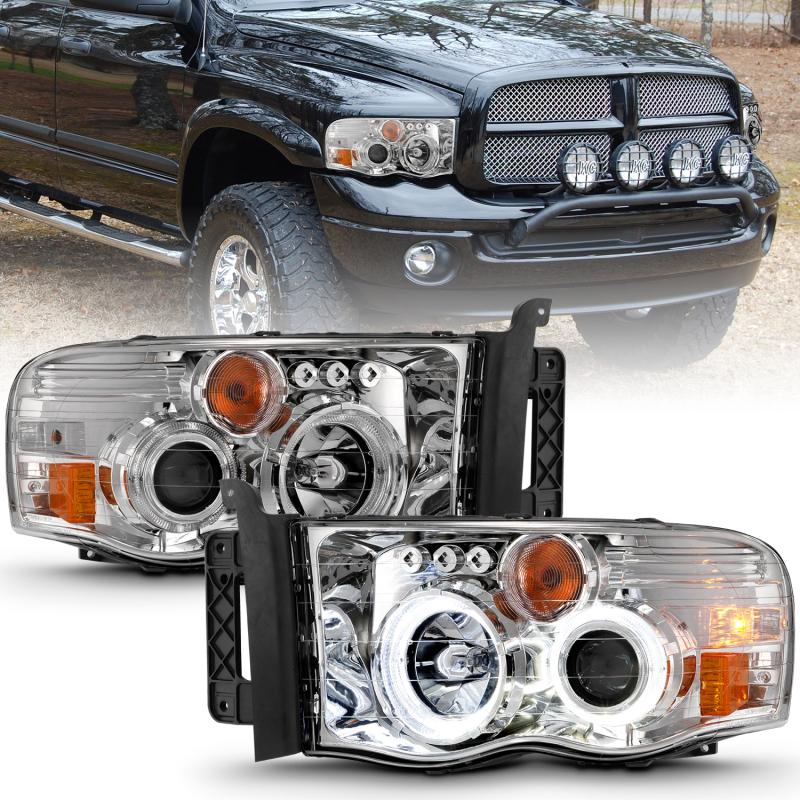 ANZO 2002-2005 Dodge Ram 1500 Projector Headlights w/ Halo Chrome Clear Amber 111491 Main Image