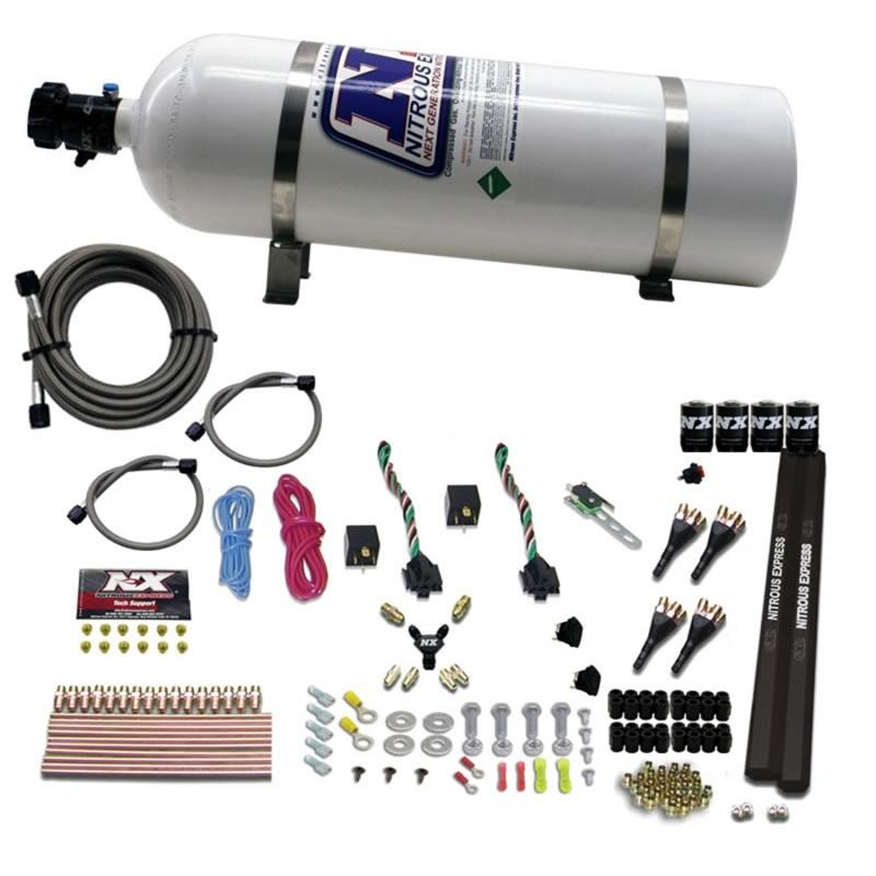 Nitrous Express 4 Cyl SX2 Nozzle Nitrous Kit (100-300HP x 2) w/15lb Bottle 90094-15 Main Image