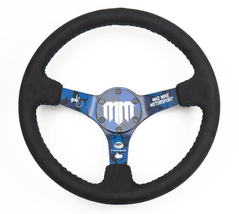 NRG Reinforced Steering Wheel (3in. Deep) Mad Mike/ 5mm Spoke /Alcantara Finish w/ Blue Stitching RST-020MB-C-MM