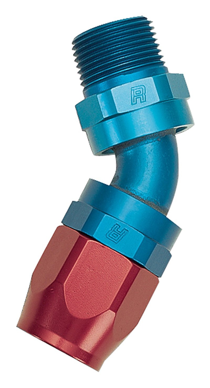 Russell Performance -12 AN Red/Blue 45 Deg Full Flow Swivel Pipe Thread Hose End (With 1/2in NPT) 612040 Main Image