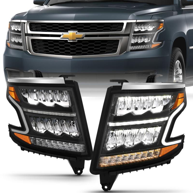 ANZO 15-20 Chevy Tahoe/Suburban LED Light Bar Style Headlights Black w/Sequential w/DRL w/Amber 111478 Main Image