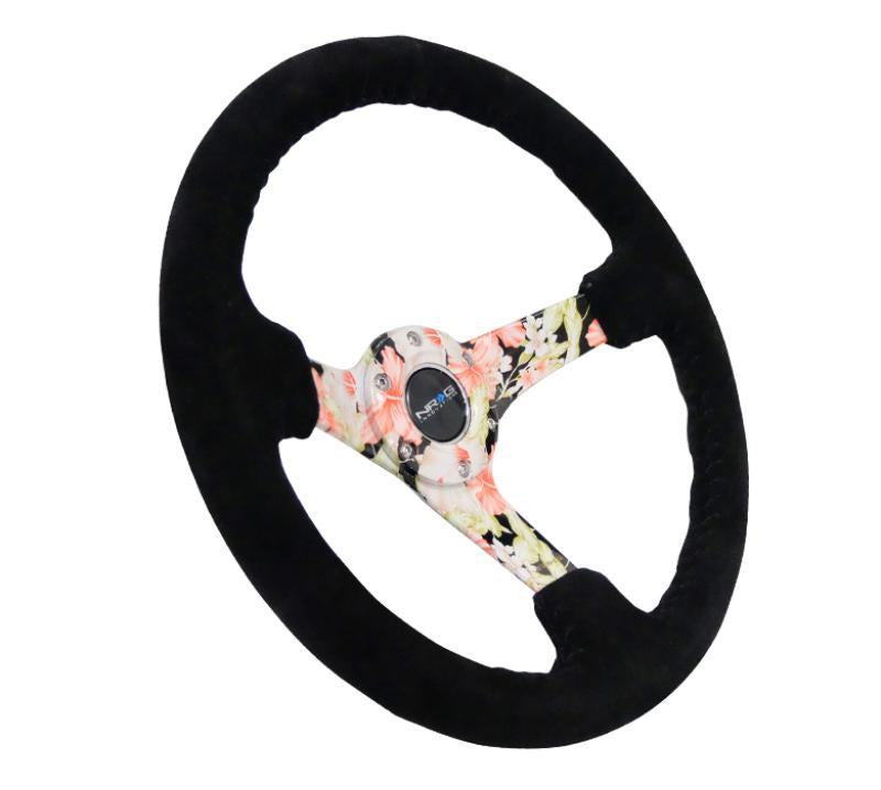 NRG Reinforced Steering Wheel (350mm / 3in. Deep) Blk Suede Floral Dipped w/ Blk Baseball Stitch RST-036FL-S Main Image