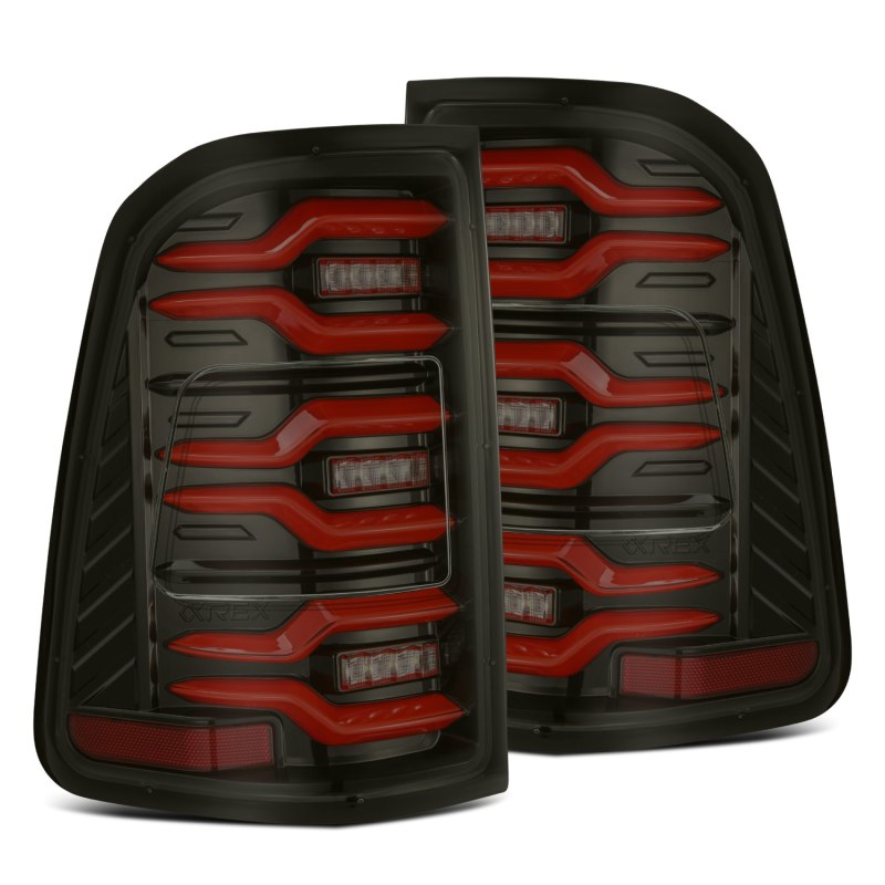 AlphaRex 19-21 Dodge Ram 1500 Luxx-Series LED Tail Lights Black/Red w/Activ Light/Seq Signal 640050