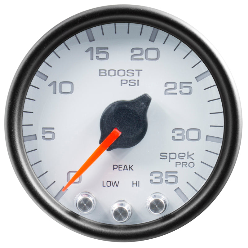 Autometer Spek-Pro Gauge Boost 2 1/16in 35psi Stepper Motor W/Peak & Warn White/Black P30312