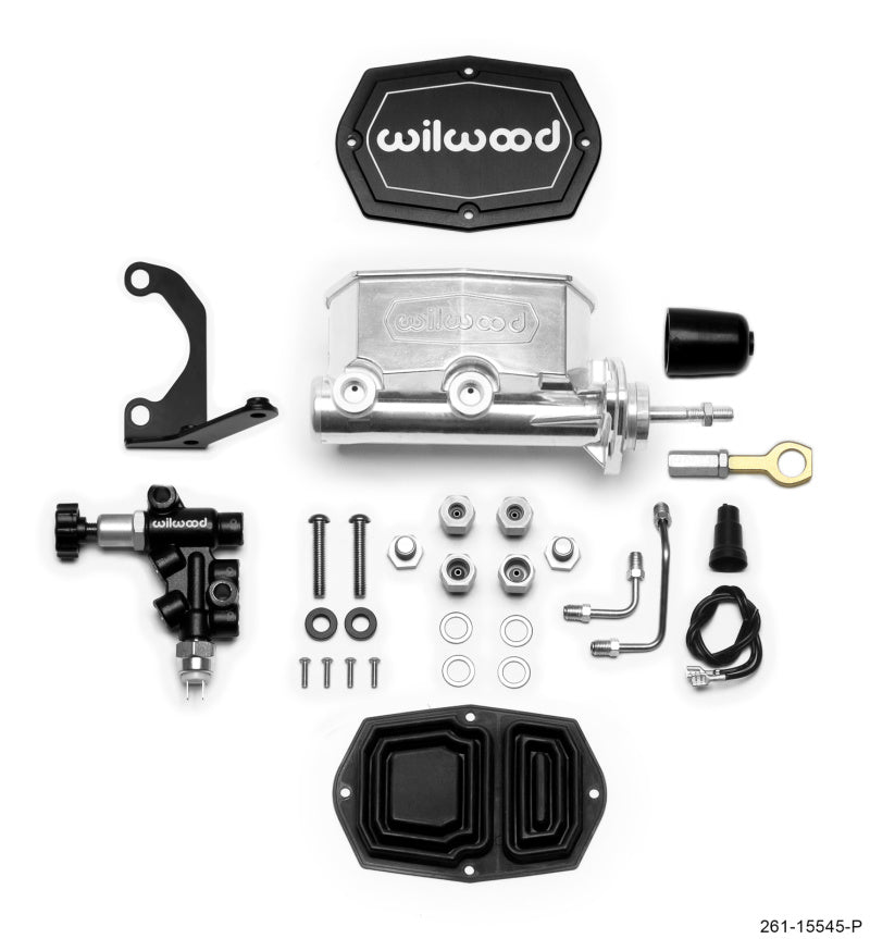 Wilwood Compact Tandem M/C - 1.12in Bore w/Bracket and Valve fits Mustang (Pushrod) - Ball Burnished 261-15545-P