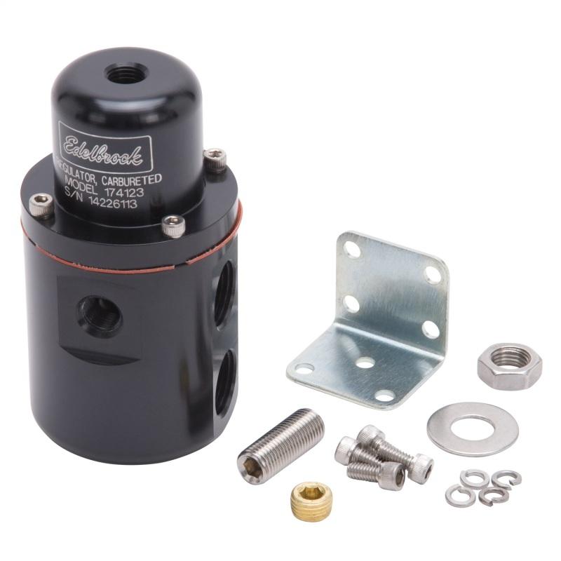 Edelbrock Fuel Pressure Regulator Carbureted 160 GPH 5-10 PSI 3/8In In/Out Returnless Black 174123 Main Image