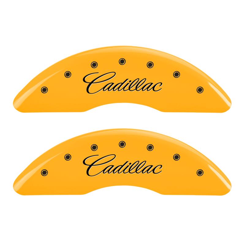 MGP 4 Caliper Covers Engraved F & R Cursive/Cadillac Yellow Finish Black Char 2017 Cadillac CT6 35026SCADYL Main Image