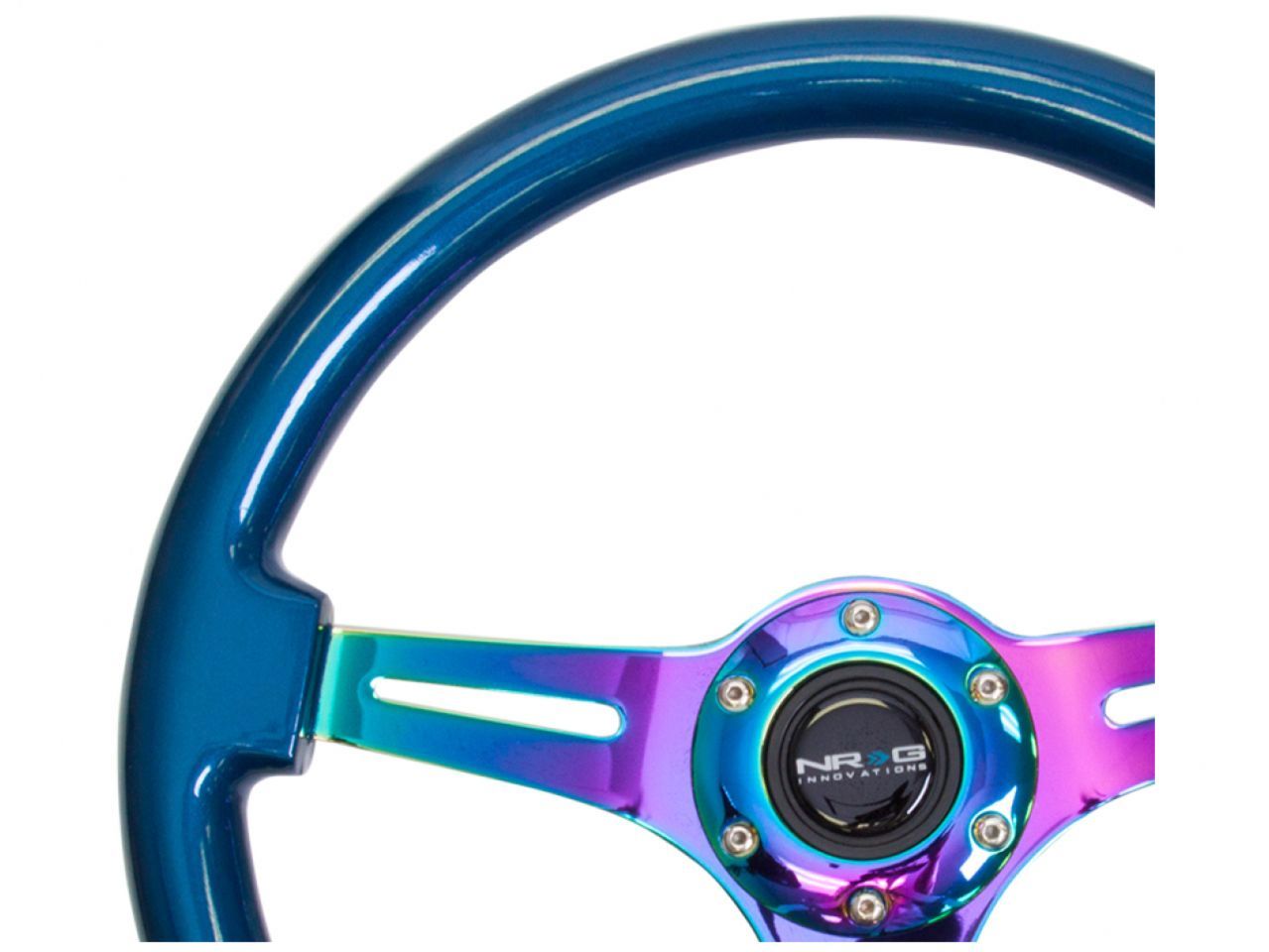 NRG Classic Wood Grain Wheel, 350mm 3 Neochrome Spokes,Blue Pearl/Flake