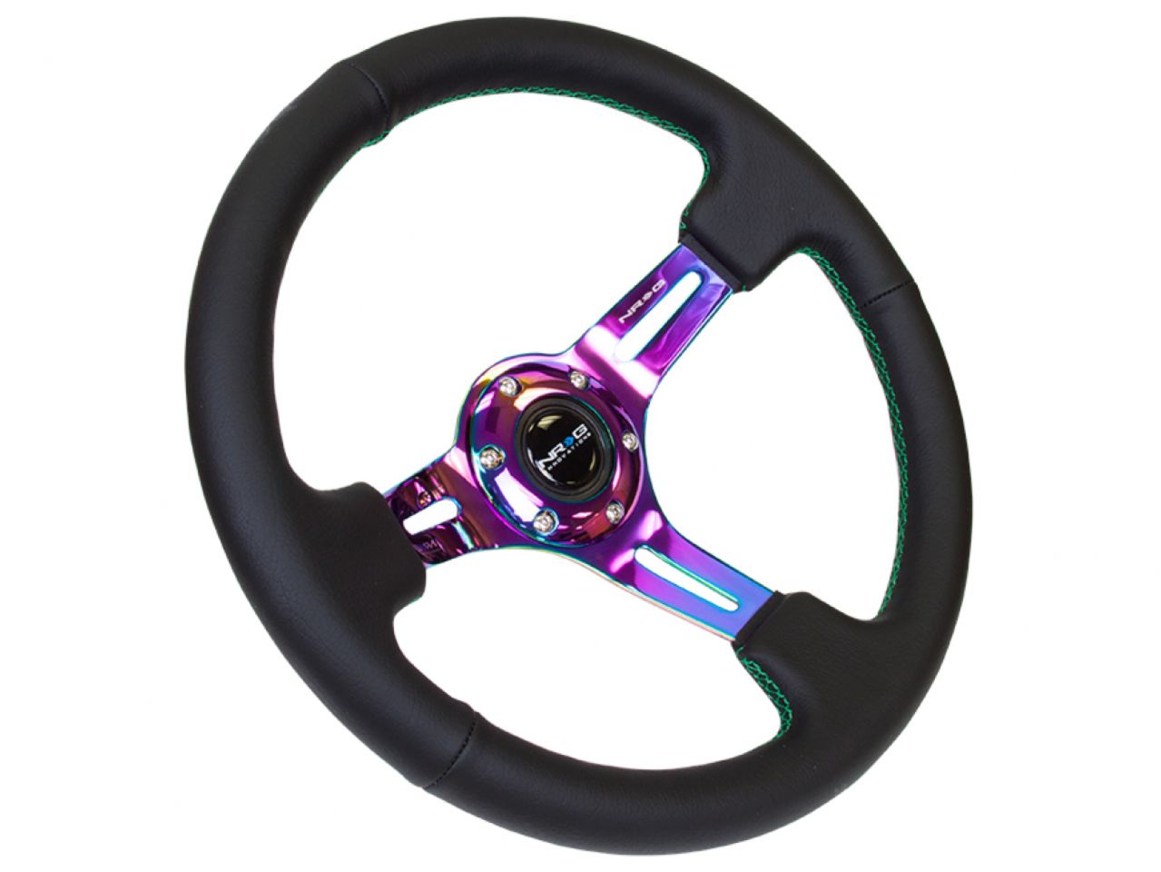 NRG Black Leather Steering Wheel (3" Deep), 350mm, 3 Spoke Center