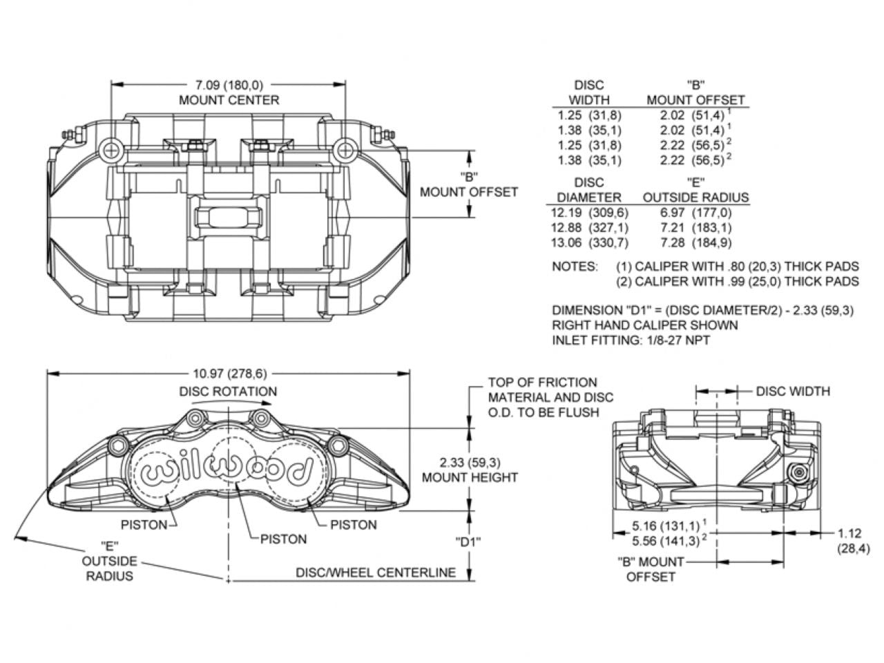 Wilwood Caliper-GN6R-L/H-Black Ano (.80 Thk Pad), 1.75/1.38/1.38" Pistons, 1.3