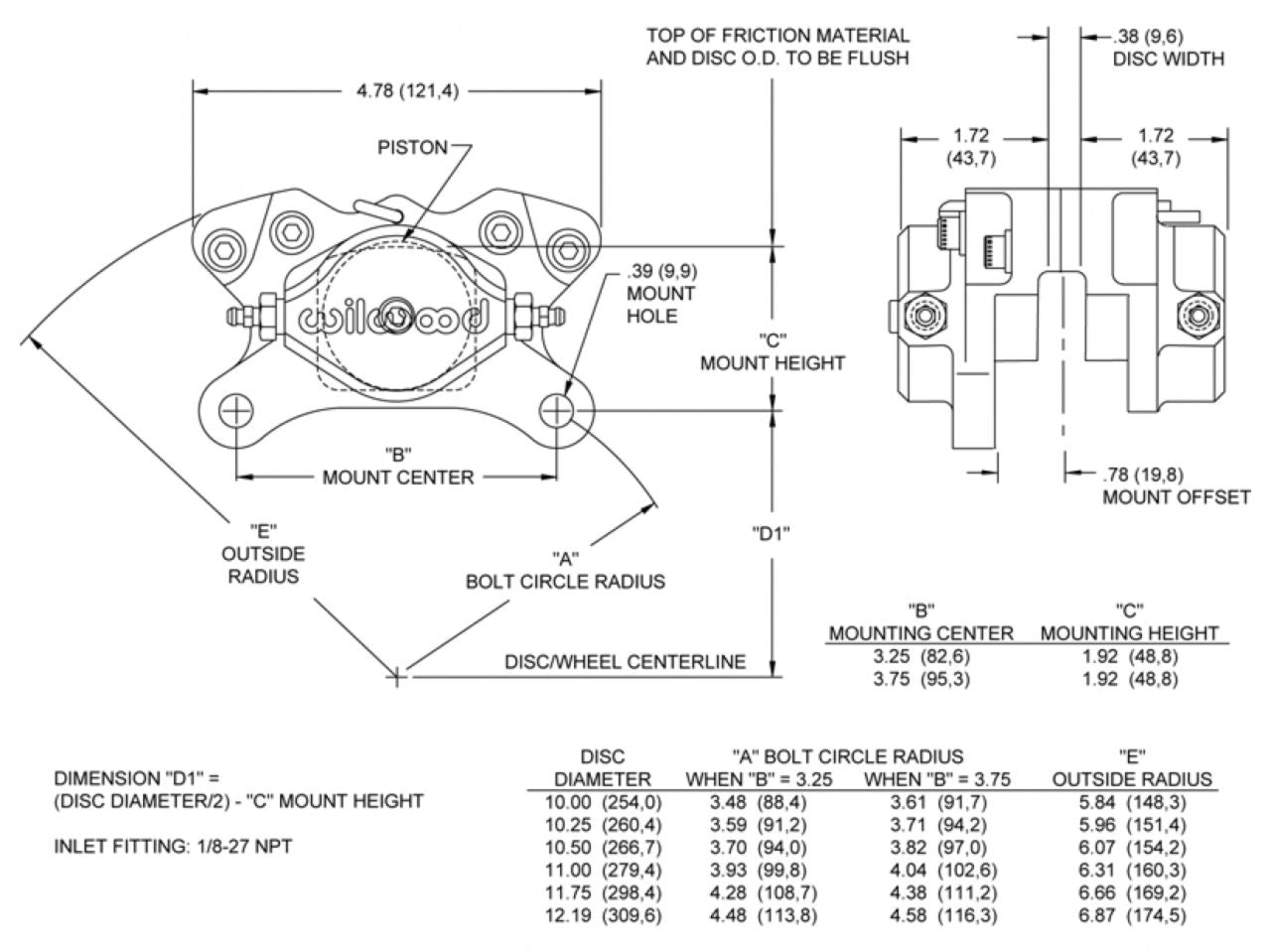 Wilwood Caliper-Billet DLS, 3.25" mt., 1.75" Pistons, .38" Disc