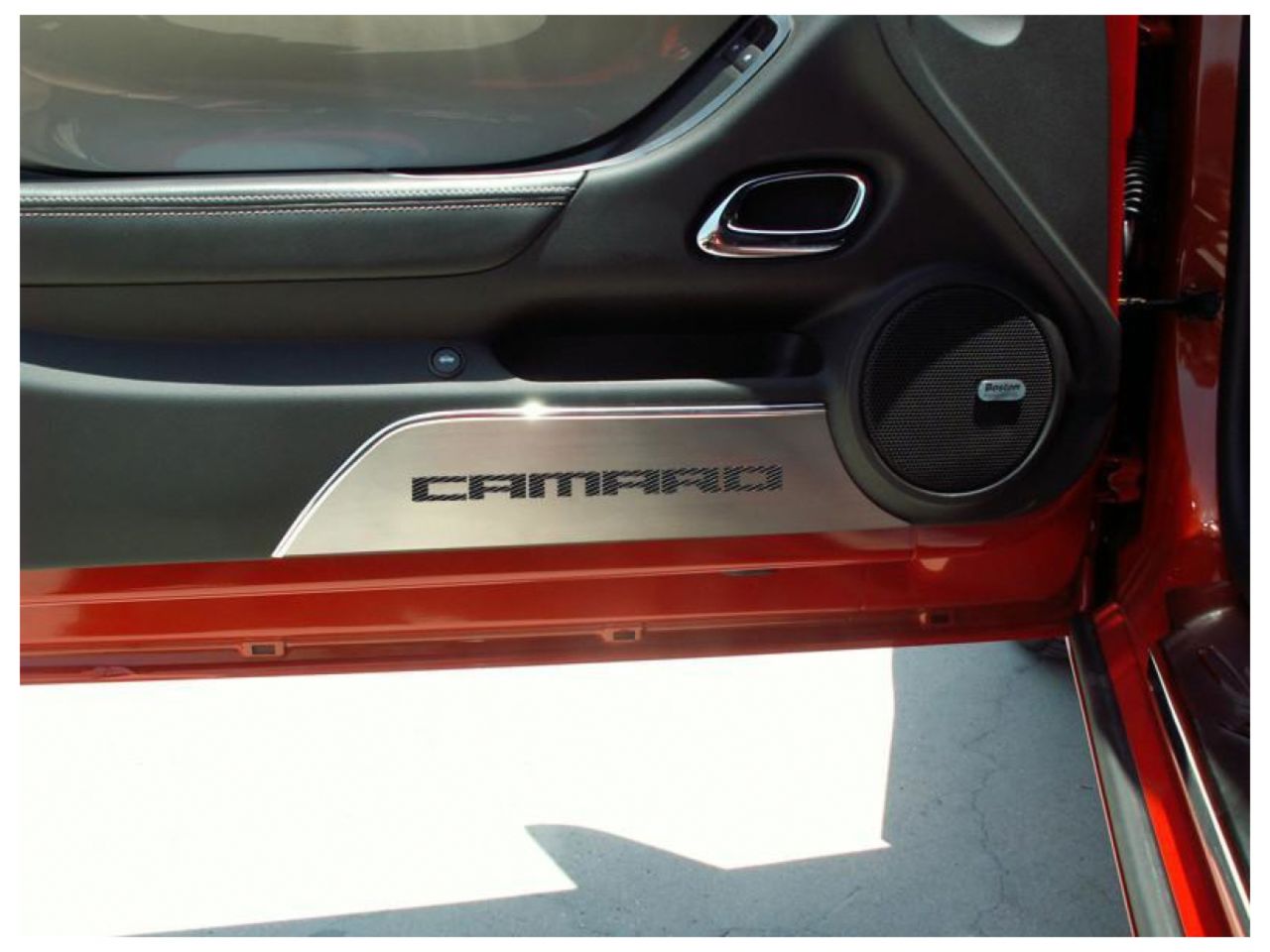 American Car Craft (ACC) Door Panel Insert;10-15 Camaro-Door Panel Kick Plates Brushed "Camaro"