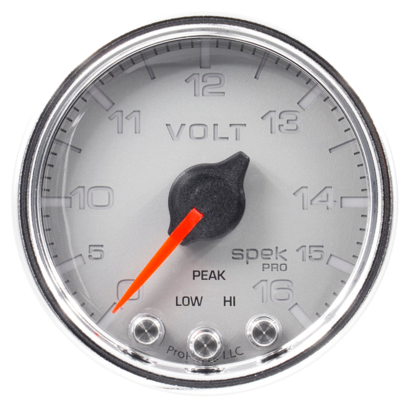 Autometer Spek-Pro Gauge Voltmeter 2 1/16in 16V Stepper Motor W/Peak & Warn Slvr/Chrm P34421