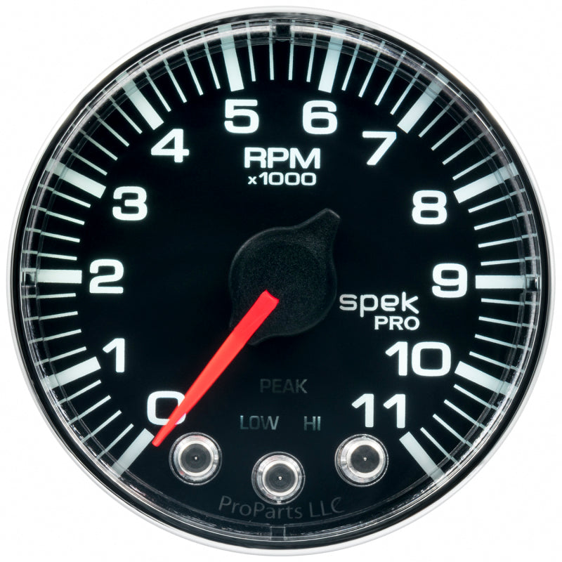 Autometer Spek-Pro Gauge Tach 2 1/16in 11K Rpm W/ Shift Light & Peak Mem Blk/Chrm P336318