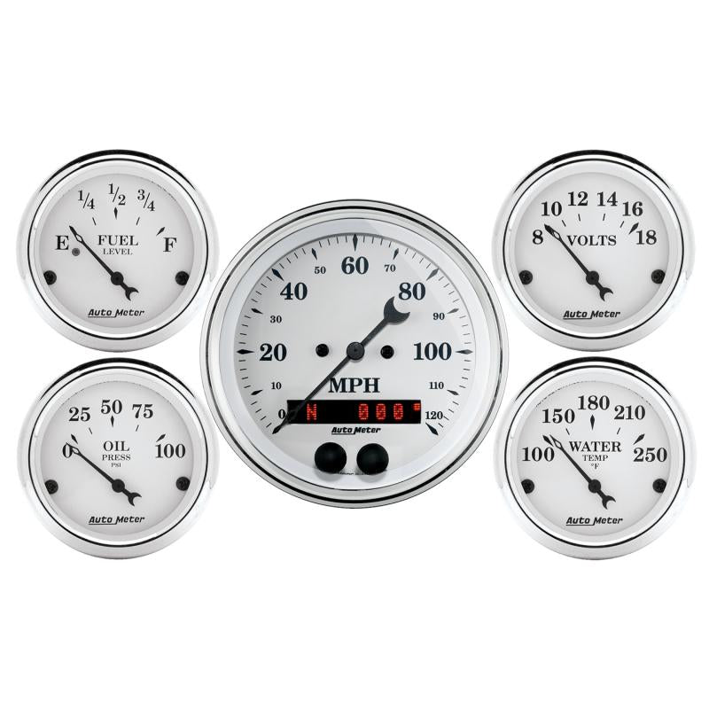 Auto Meter Speedometer 3-3/8in and 2-1/16in 5 Piece Old Tyme White Gauge Kit 1650 Main Image