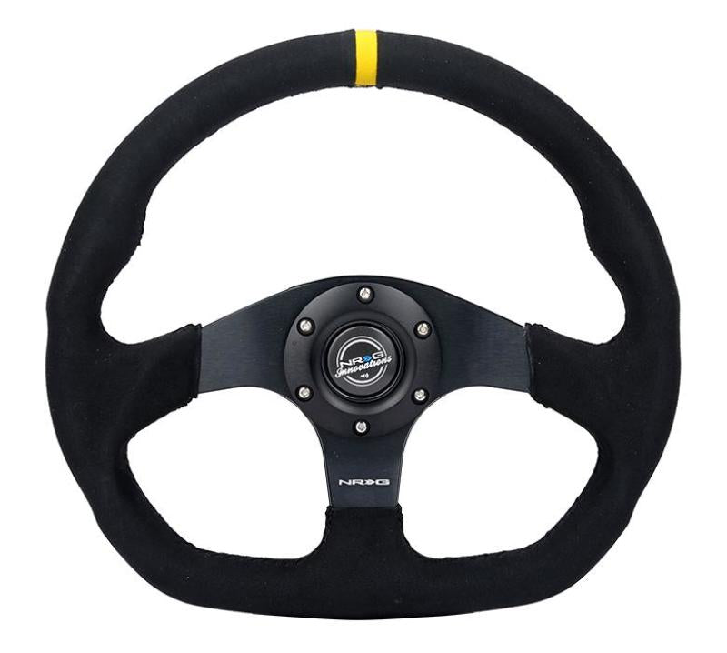 NRG Reinforced Steering Wheel (320mm) Sport Alcantara Dual Push Buttons Flat Bottom w/Yellow Center RST-024D-MB-SA-Y