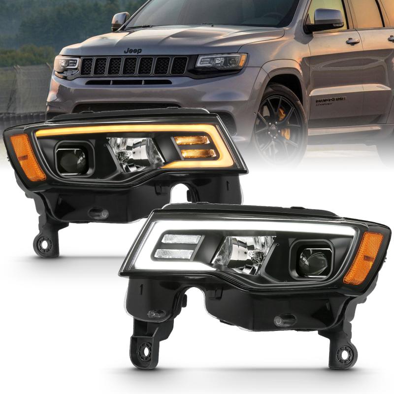 ANZO 2017-2018 Jeep Grand Cherokee Projector Headlights w/ Plank Style Switchback - Black w/ Amber 111418 Main Image