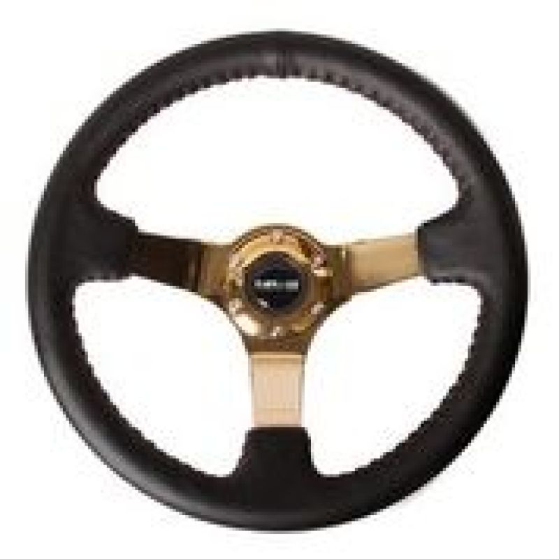 NRG Reinforced Steering Wheel (3in Deep / 4mm) 350mm Blk Leather w/Red BBall Stitch & Gold Spoke RST-036CG