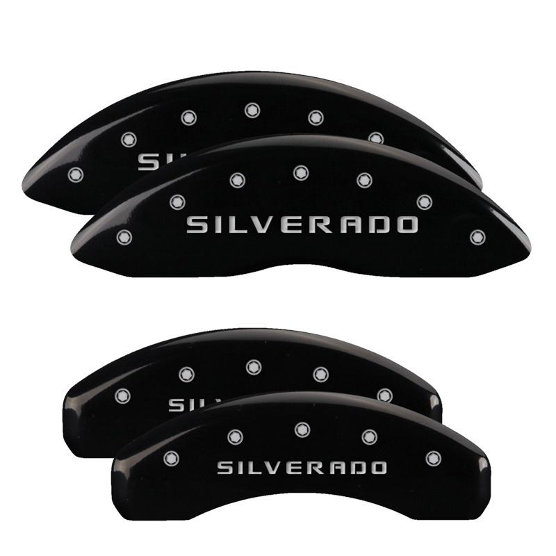 MGP 4 Caliper Covers Engraved Front & Rear Silverado Black finish silver ch 14002SSILBK Main Image