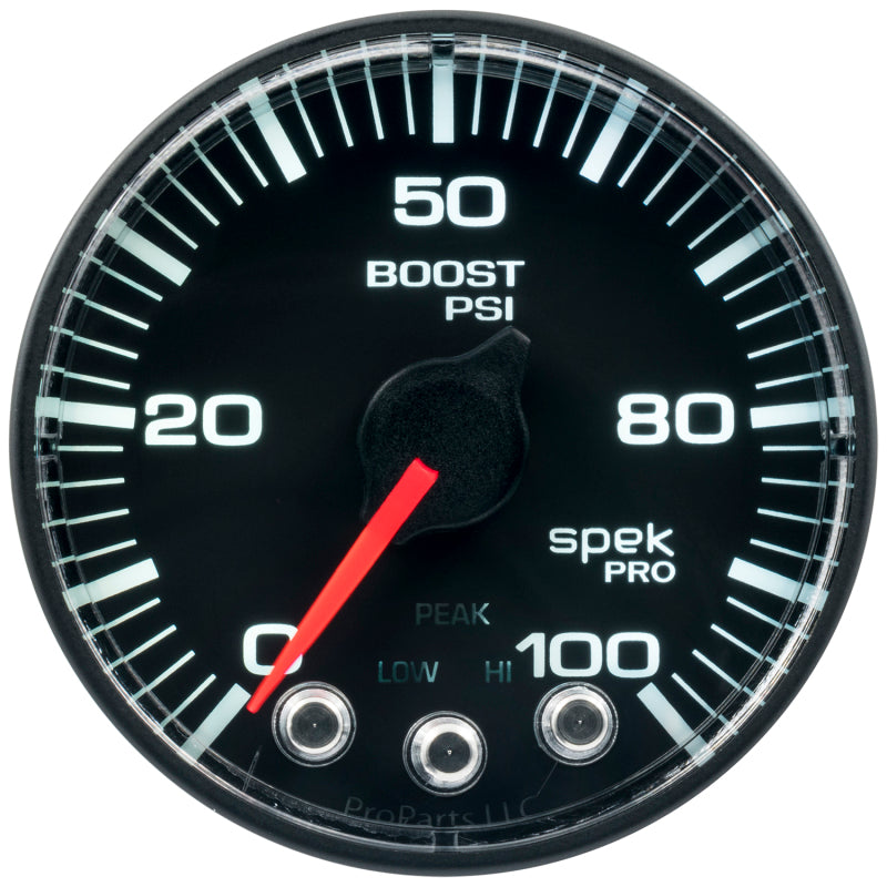 Autometer Spek-Pro Gauge Boost 2 1/16in 100psi Stepper Motor W/Peak & Warn Blk/Blk P305328