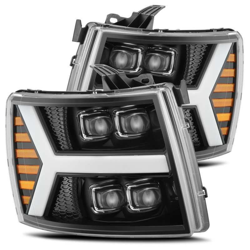 AlphaRex 07-13 Chevy 1500HD NOVA LED Proj Headlights Plank Style Gloss Blk w/Activ Light/Seq Signal 880208 Main Image