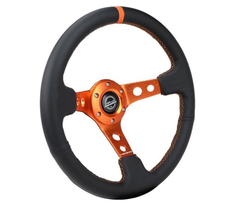 NRG Reinforce Steering Wheel (350mm / 3in. Deep) Blk Leather, Orange Center Mark w/ Orange Stitching RST-006OR