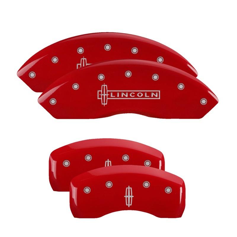 MGP 4 Caliper Covers Engraved Front & Rear Cursive/Cadillac Red finish silver ch 35014SCADRD Main Image