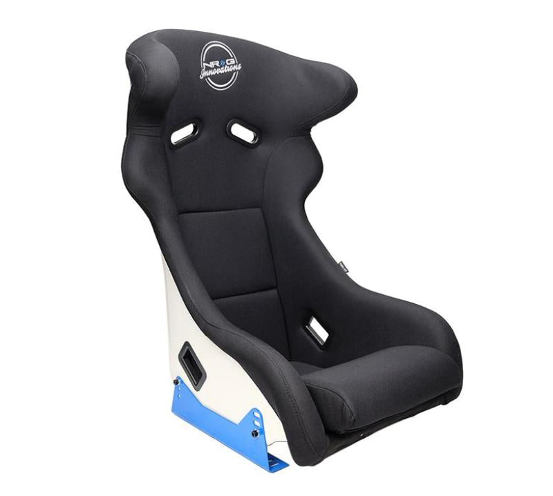 NRG FRP Bucket Seat - White Finish with Arrow Embroidery And Blue Side Mount Bracket FRP-600WT