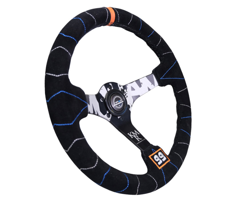 NRG Reinforced Steering Wheel (350mm / 3in. Deep) Blk Suede w/Color Stitch (Kyle Mohan Edition) RST-036MB-S-KMR
