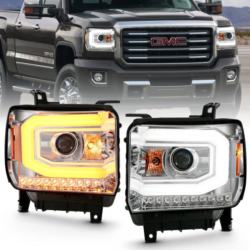 ANZO 2014-2015 Gmc Sierra 1500 Projector Headlight Plank Style Chrome w/ Switchback (Halogen Type) 111488 Main Image