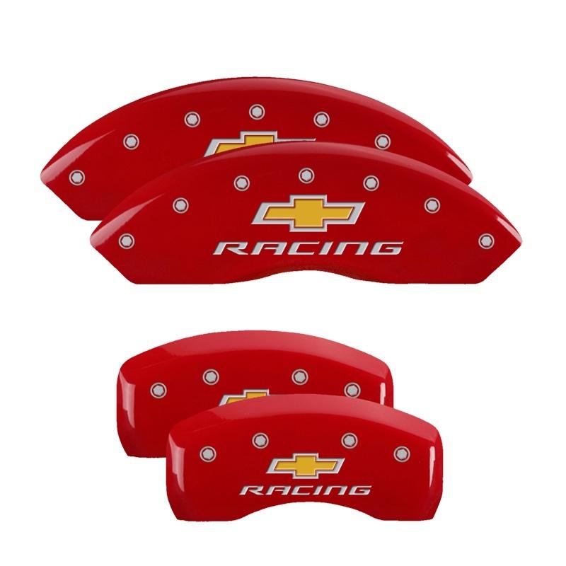 MGP 4 Caliper Covers Engraved Front & Rear Chevy racing Red finish silver ch 13007SBRCRD Main Image