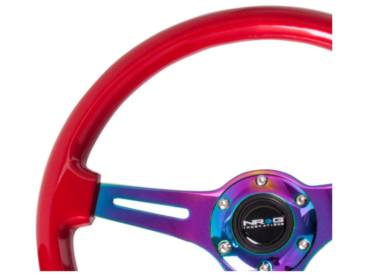 NRG Classic Wood Grain Wheel-350mm 3 Neochrome Spokes-Red Grip