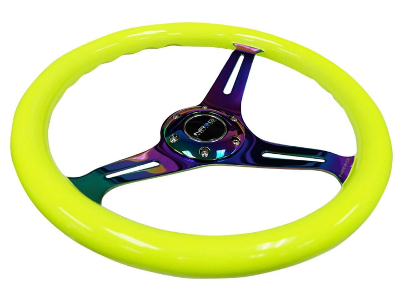 NRG Classic Wood Grain Wheel, 350mm 3 Neochrome Spokes-Neon Yellow Color