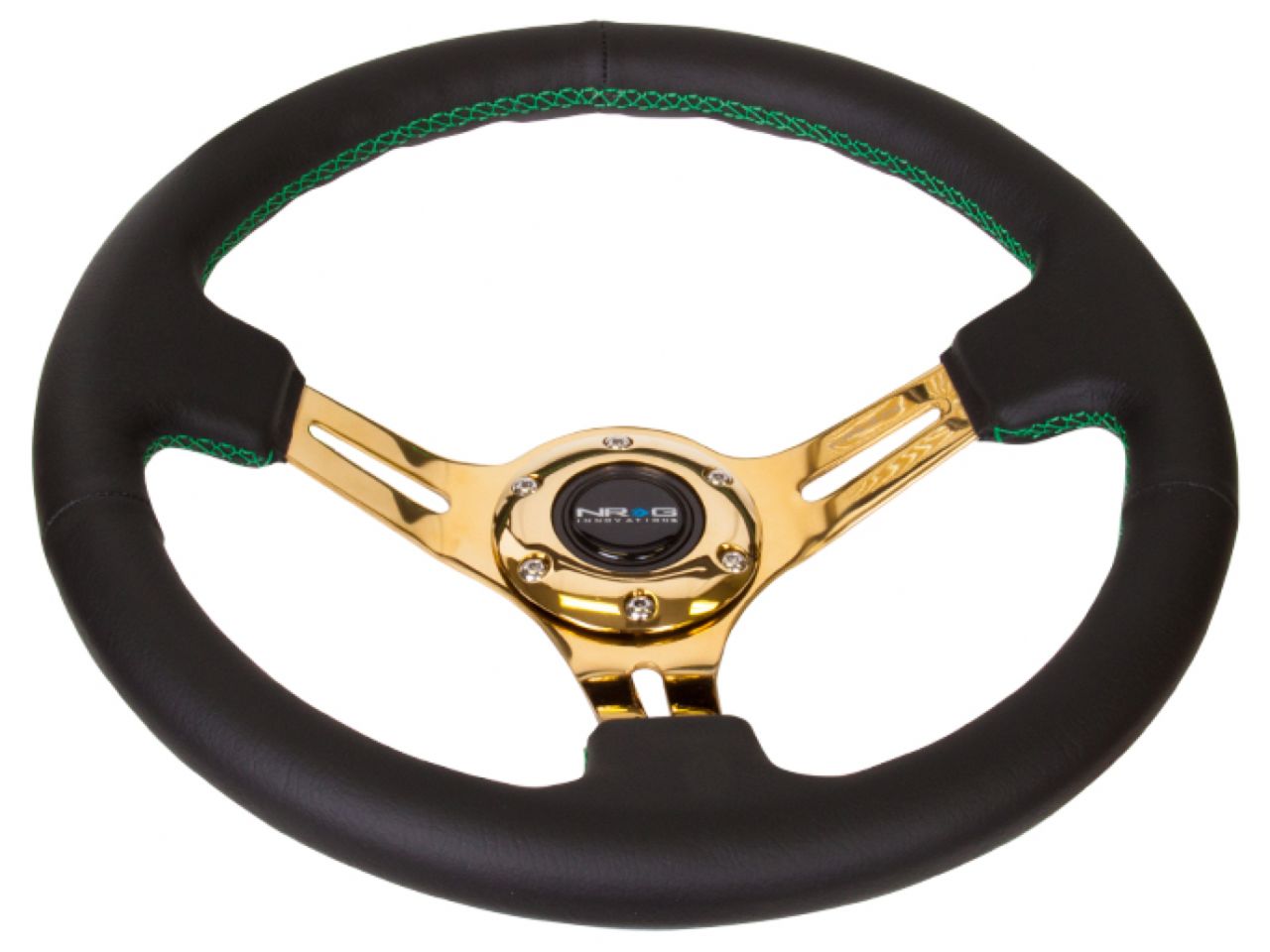 NRG Black Leather Steering Wheel (3" Deep), 350mm, 3 Spoke Center In Chrom