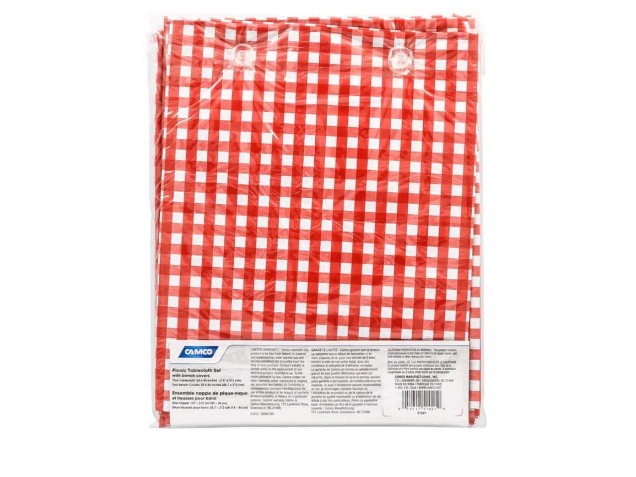 Camco Picnic Tablecloth - w / Bench Covers, Red / White Bilingual