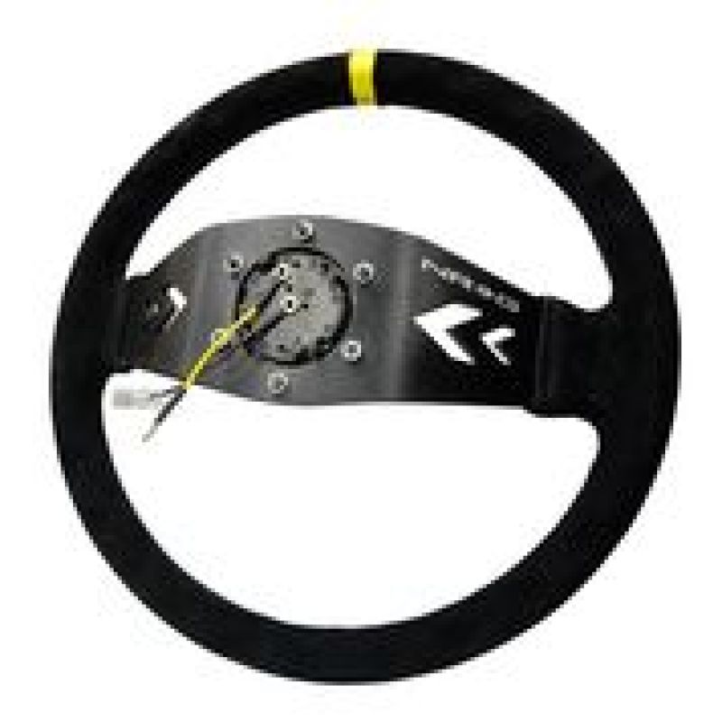 NRG Reinforced Steering Wheel (350mm / 3in. Deep) Blk Suede w/NRG Arrow Cut 2-Spoke & Yellow Mark RST-022S-Y