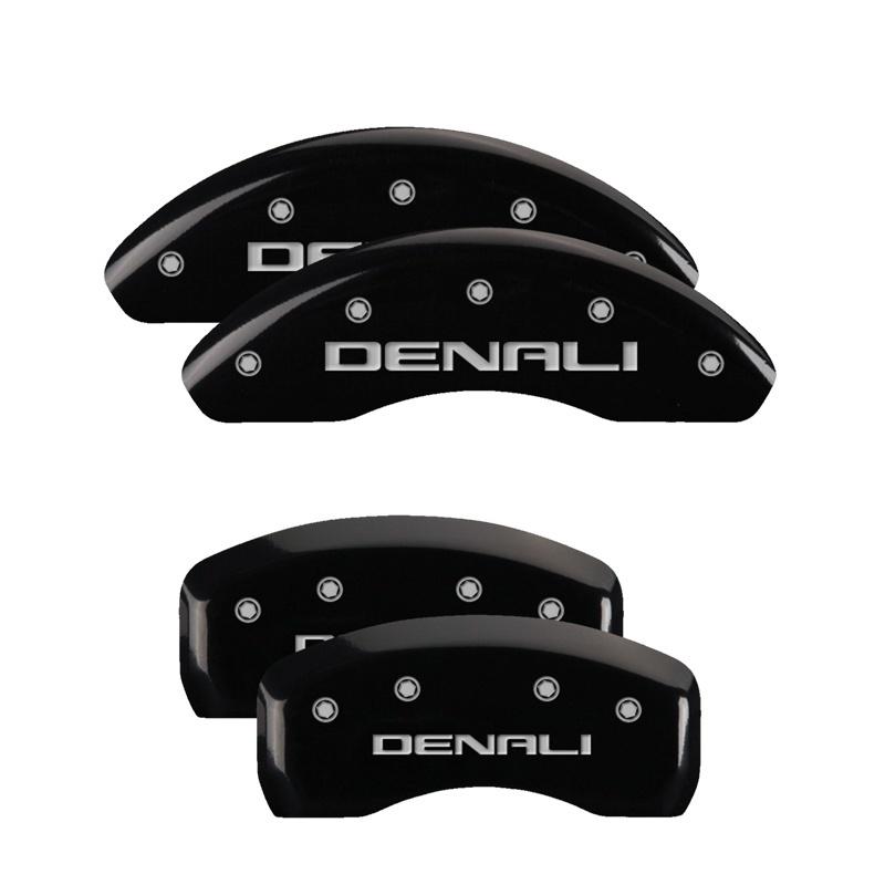 MGP 4 Caliper Covers Engraved Front & Rear Denali Black Finish Silver Char 2018 GMC Terrain 34215SDNLBK Main Image