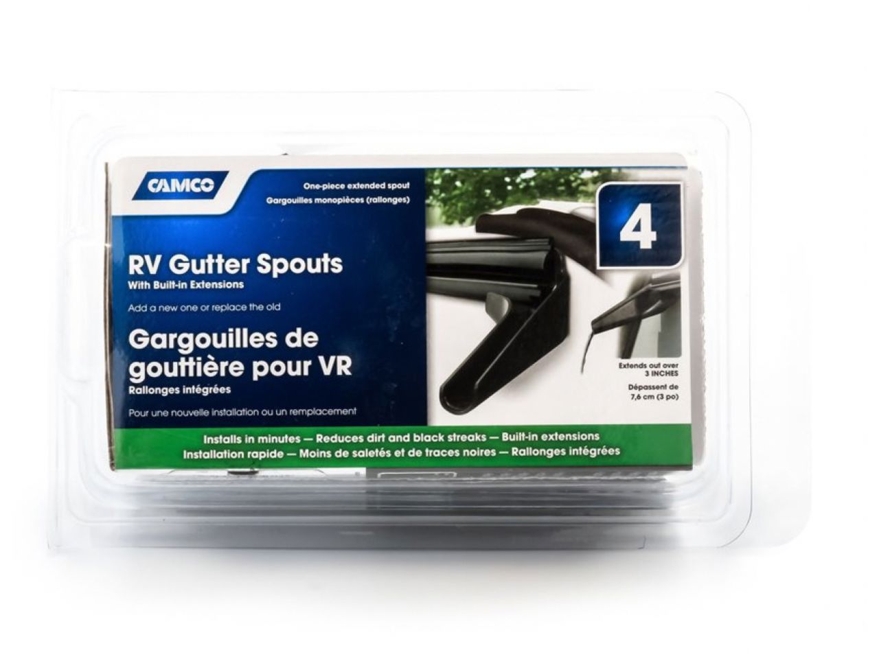 Camco Gutter Spout - Wide / Long, Black 4 Pack (2 Left / 2 Right) Bilingual