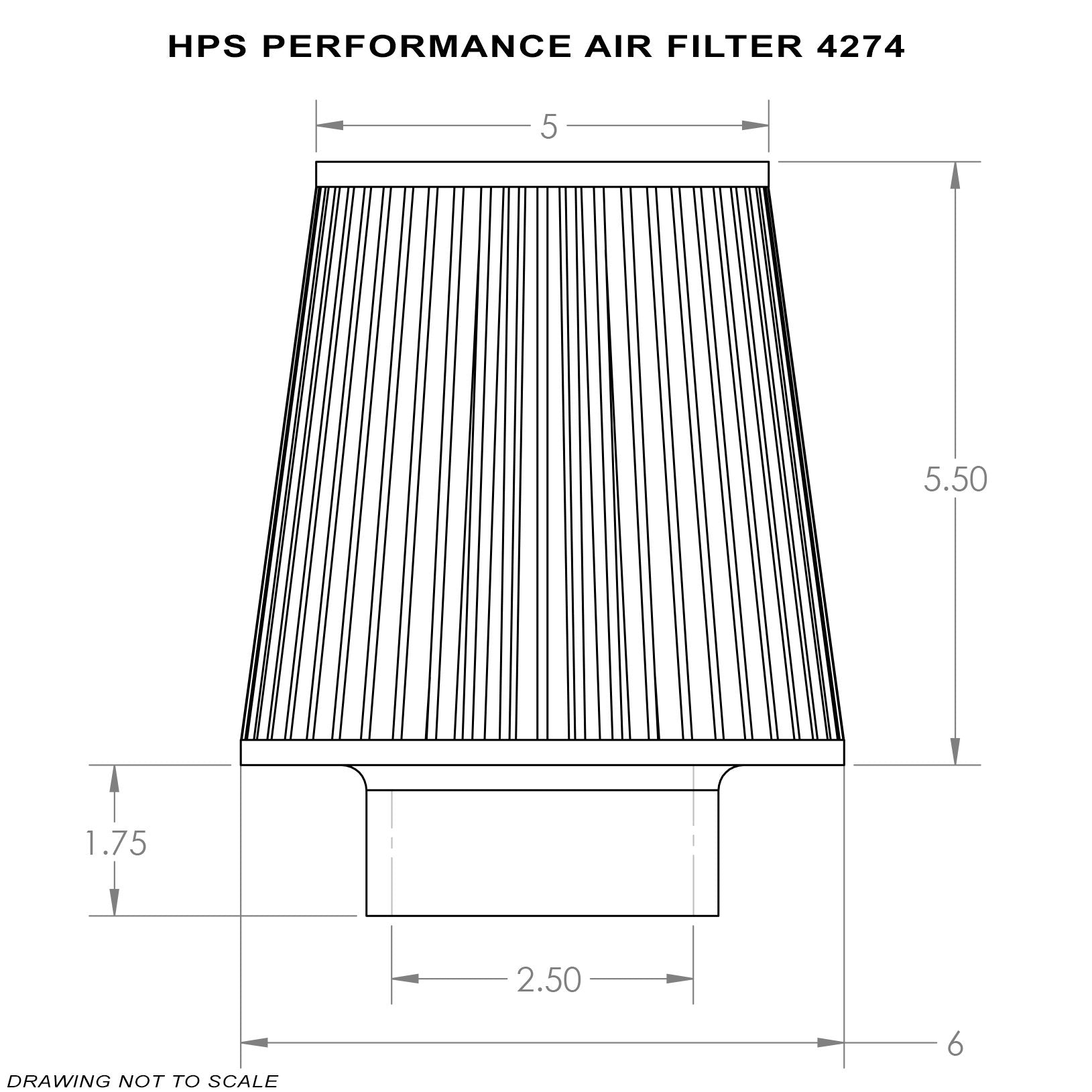 HPS Performance Air Filter 2.5" ID , 5.5" Element Length, 7-1/4" Overall Length