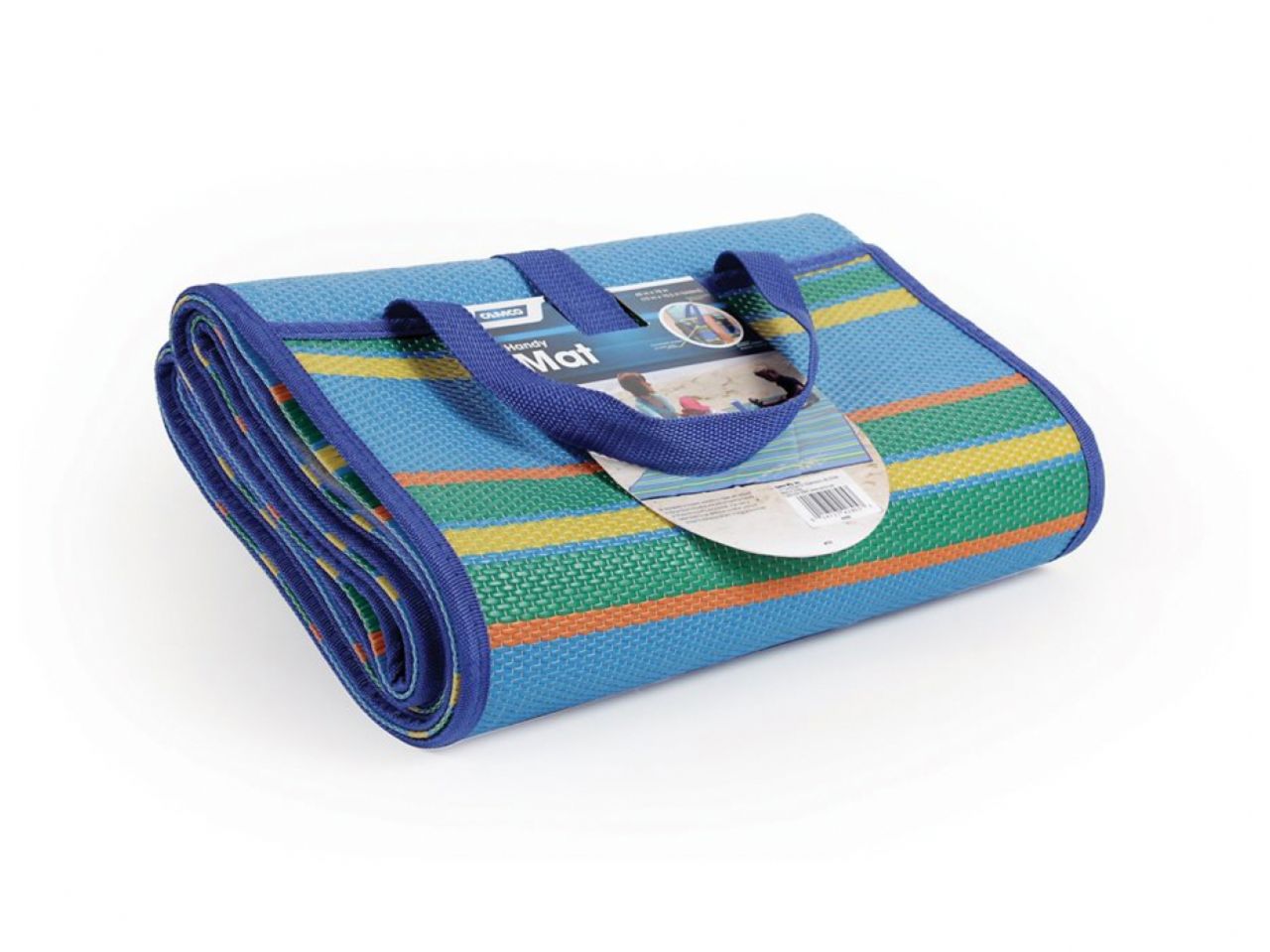 Camco Handy Mat w / Strap - Blue / Green Stripes, 60"x78" Bilingual