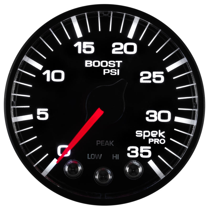 Autometer Spek-Pro Gauge Boost 2 1/16in 35psi Stepper Motor W/Peak & Warn Black/Black P303328