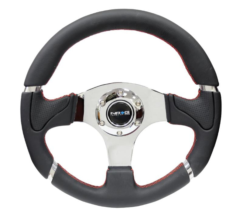 NRG Reinforced Steering Wheel (320mm) Blk Leather/Red Stitching w/Chrome 3-Spoke Center RST-008R Main Image