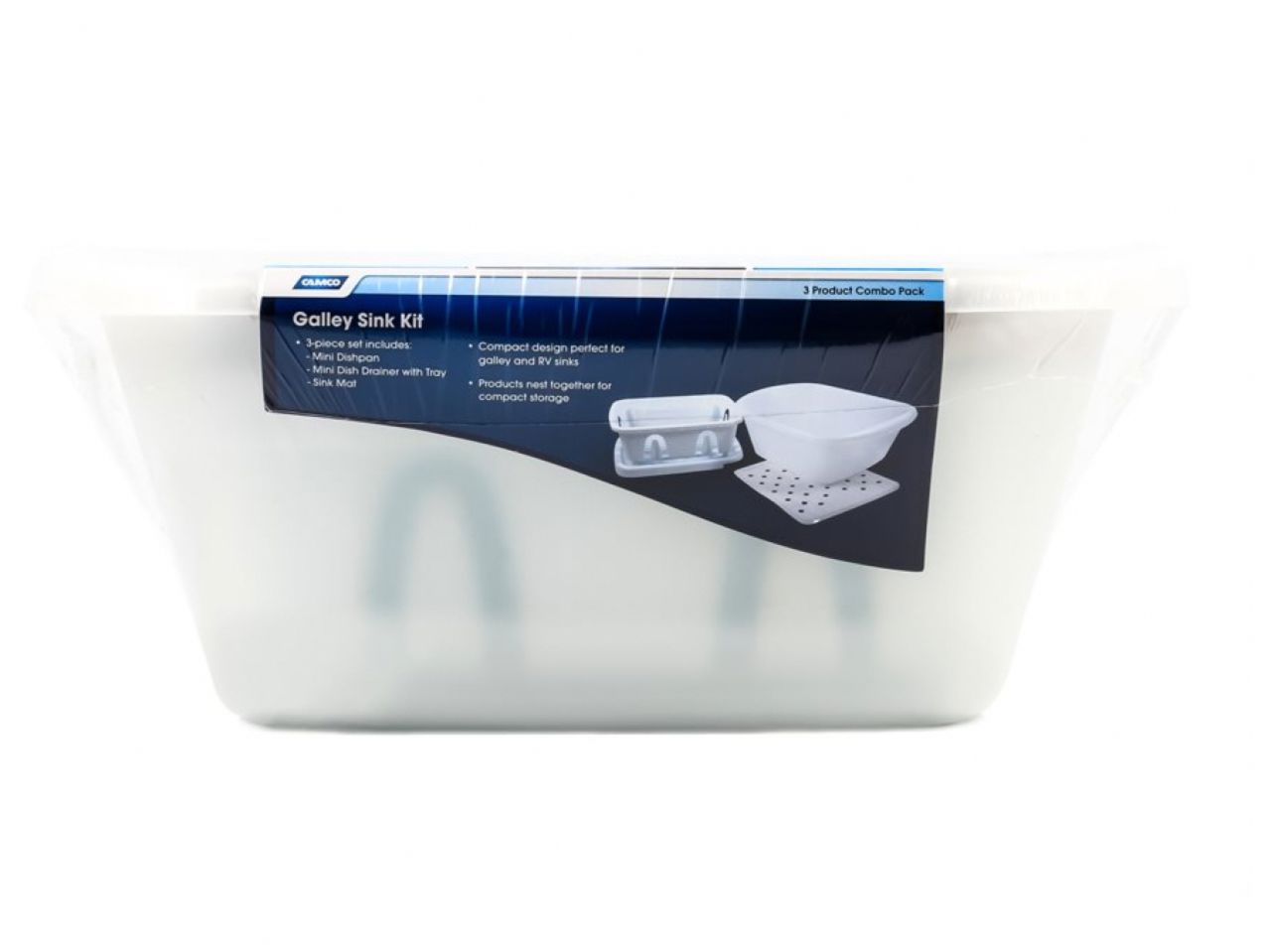 Camco Sink Kit - W/ Dish Drainer, Dish Pan & Sink Mat, White Bilingual