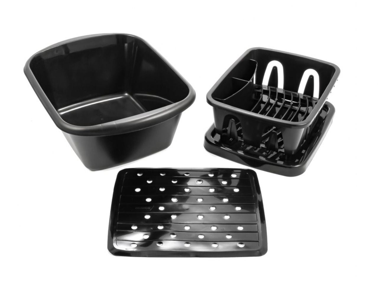 Camco Sink Kit - W/ Dish Drainer, Dish Pan & Sink Mat, Black Bilingual