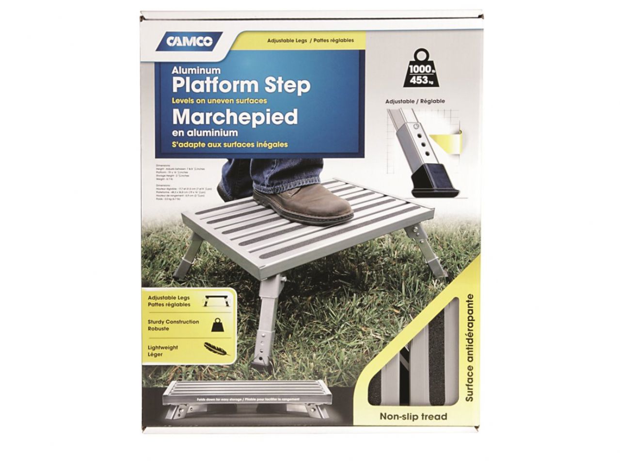 Camco Step Stool - Aluminum Platform Step, Adjustable Height Bilingual